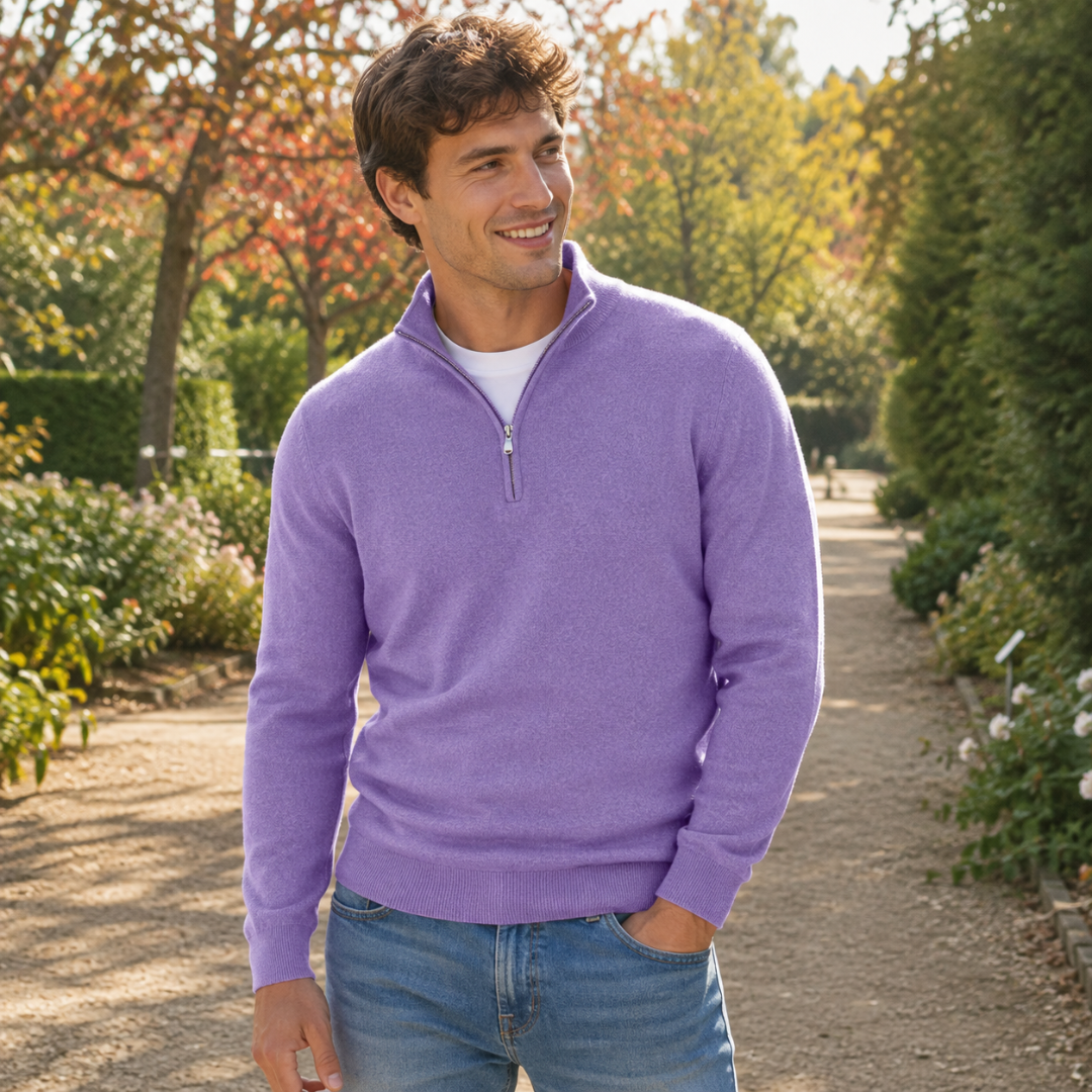 Pull homme violet clair à col montant et fermeture demi-zip en maille unie