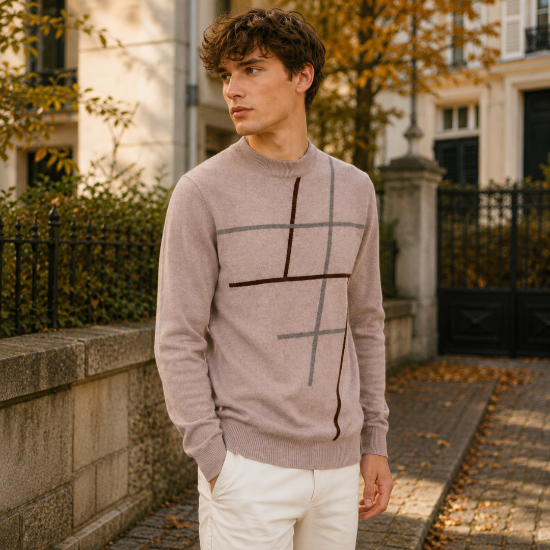 Pull camel col montant côtelé, lignes graphiques verticales et horizontales sur la poitrine