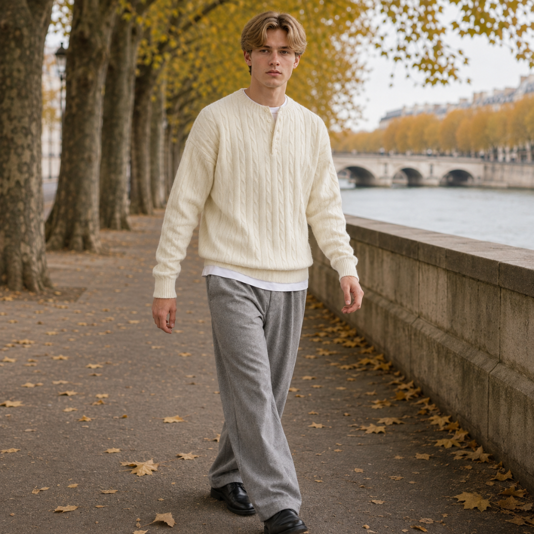 Homme en marche portant le pull blanc torsadé et un pantalon gris large