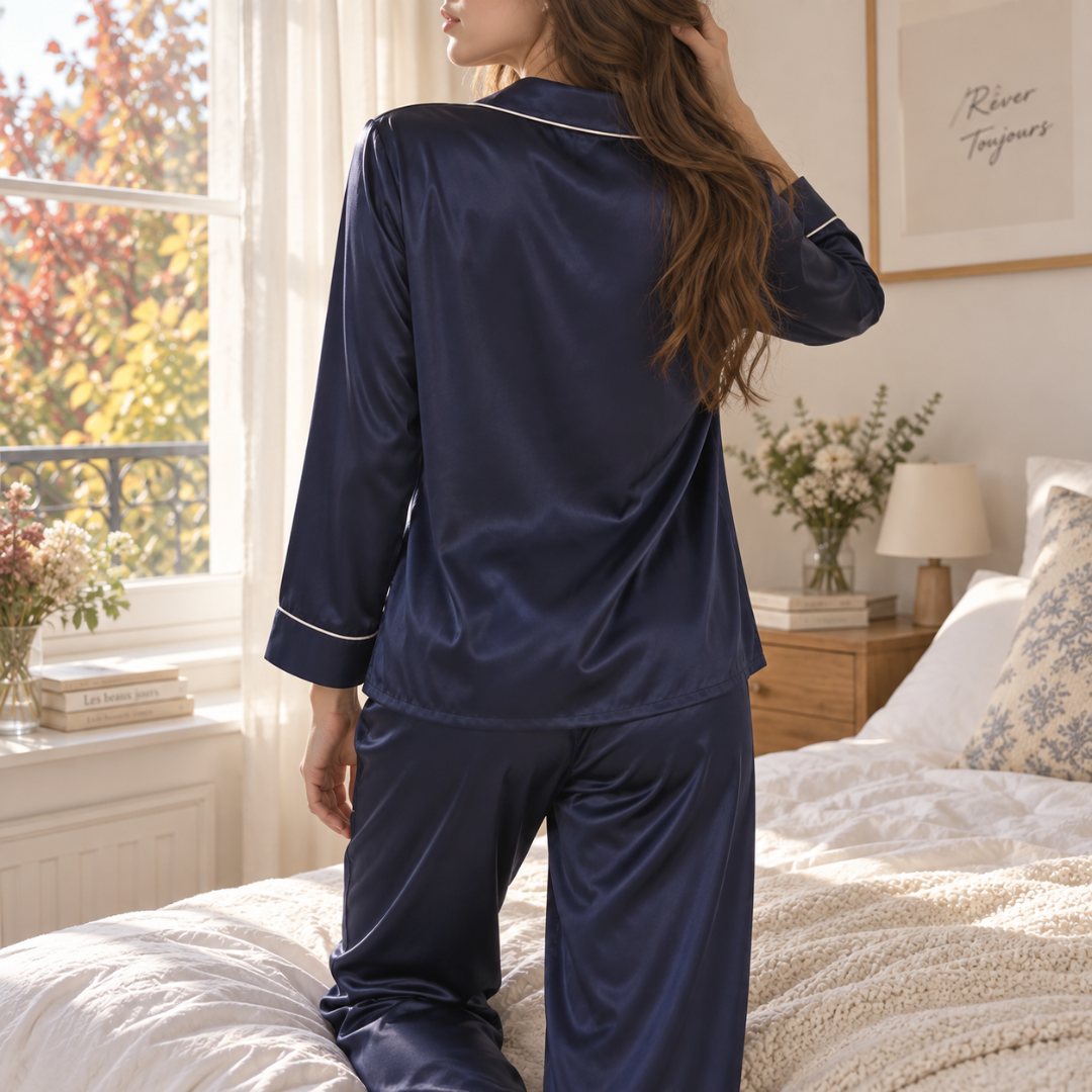 Dos du pyjama femme bleu marine, manches longues à passepoil clair aux poignets