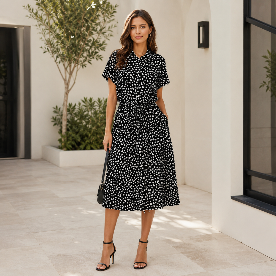 Robe chemise noire à pois blancs, taille nouée et coupe midi évasée