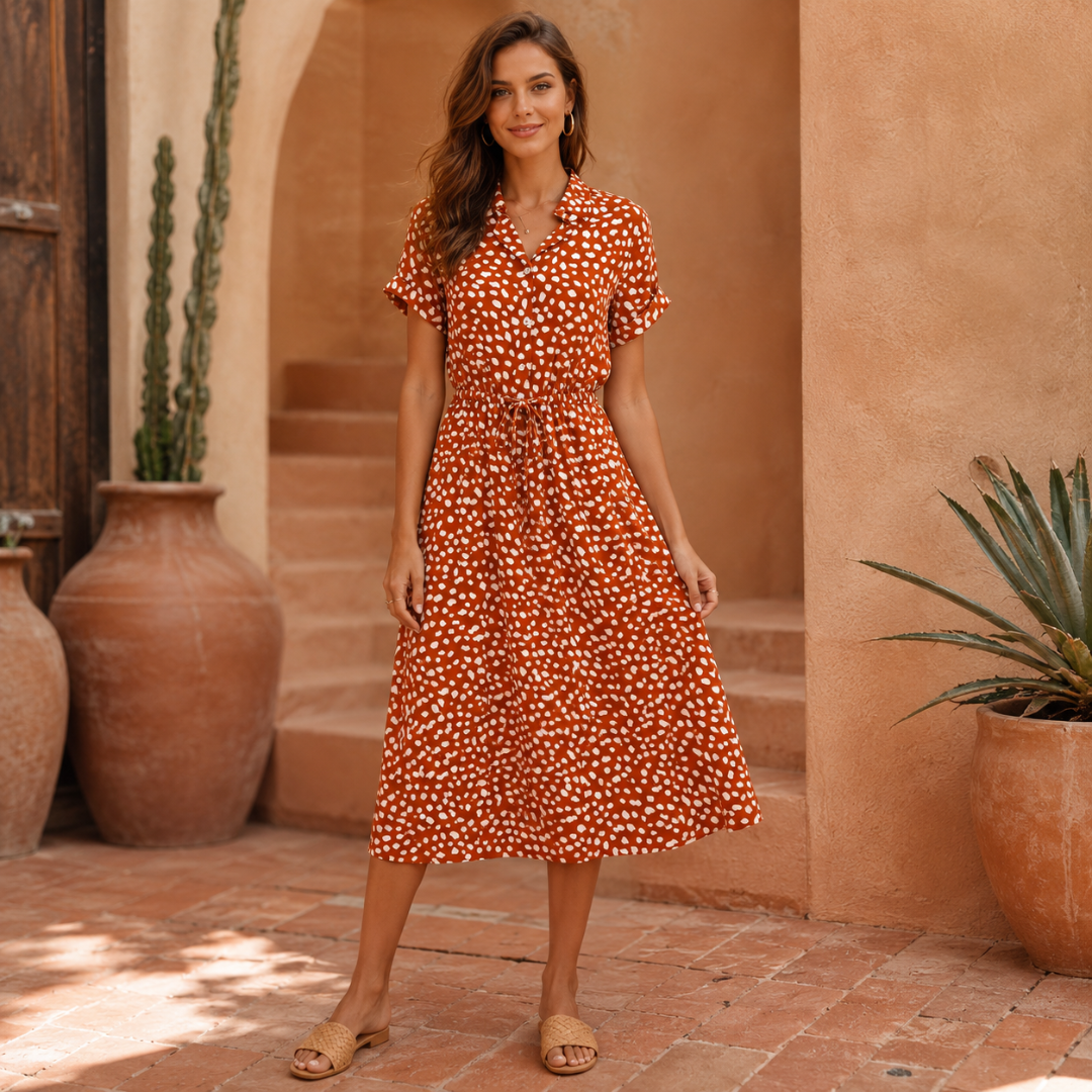 Robe chemise midi terracotta à pois blancs, col cranté et taille nouée