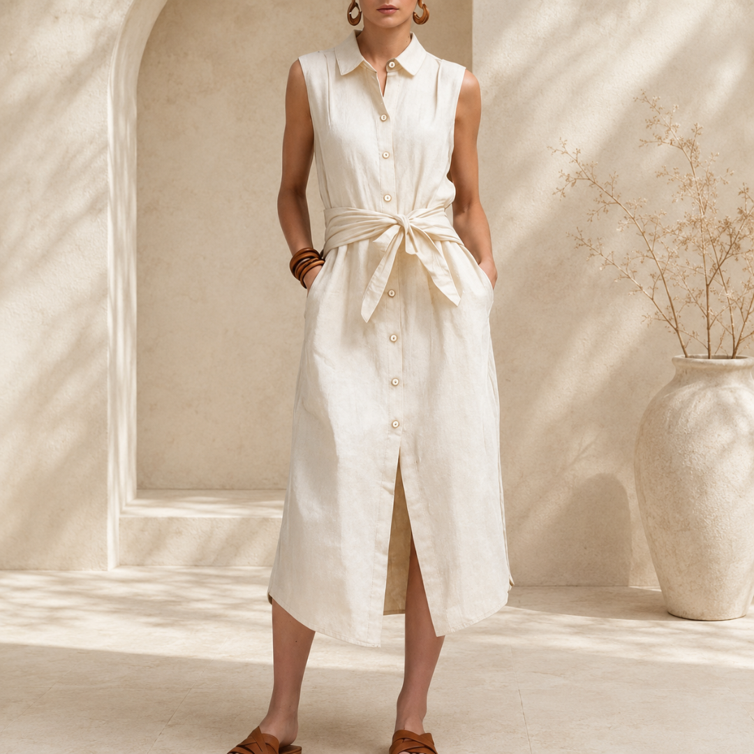 Robe chemise midi blanc écru boutonnée avec ceinture nouée à la taille