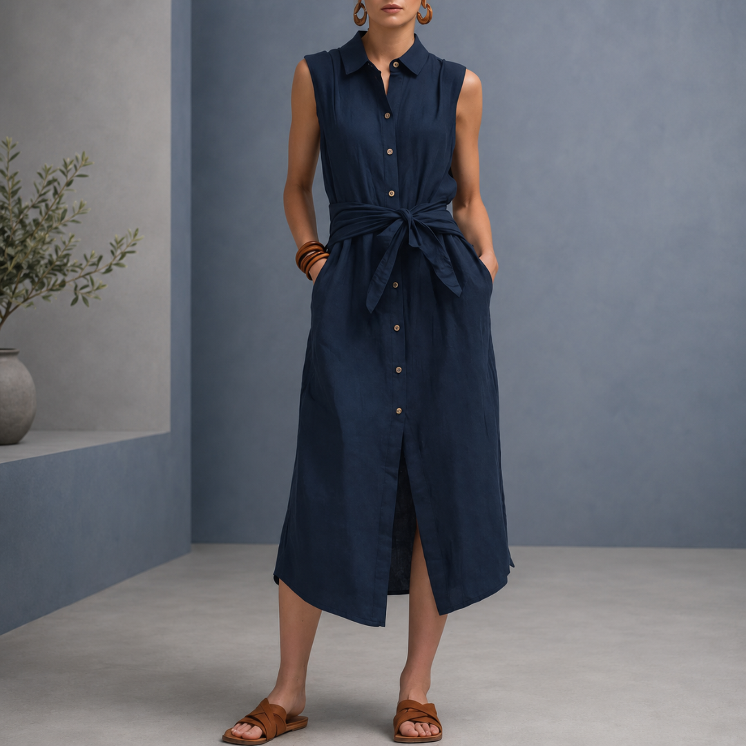 Robe chemise midi bleu marine sans manches avec ceinture nouée à la taille