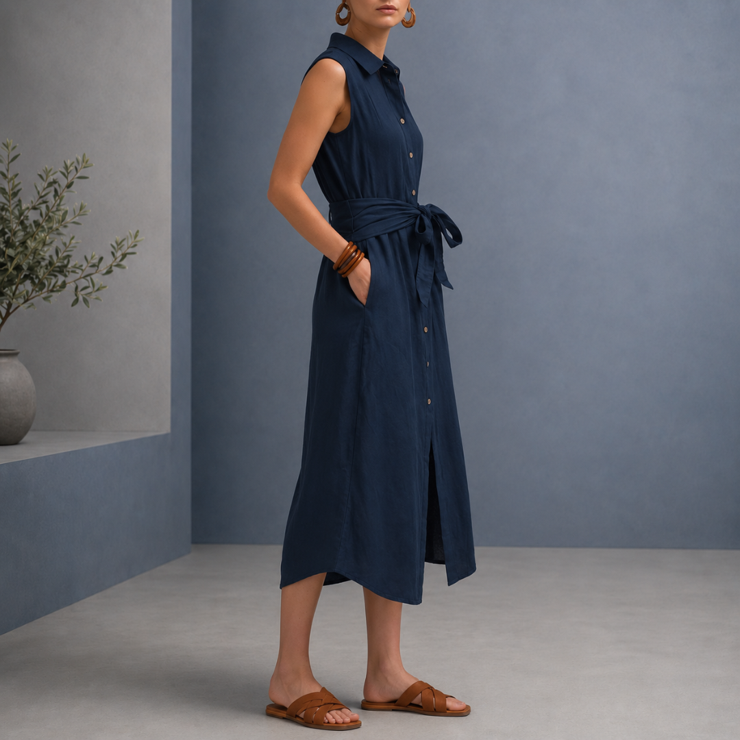 Robe chemise midi bleu marine de profil montrant la fente latérale