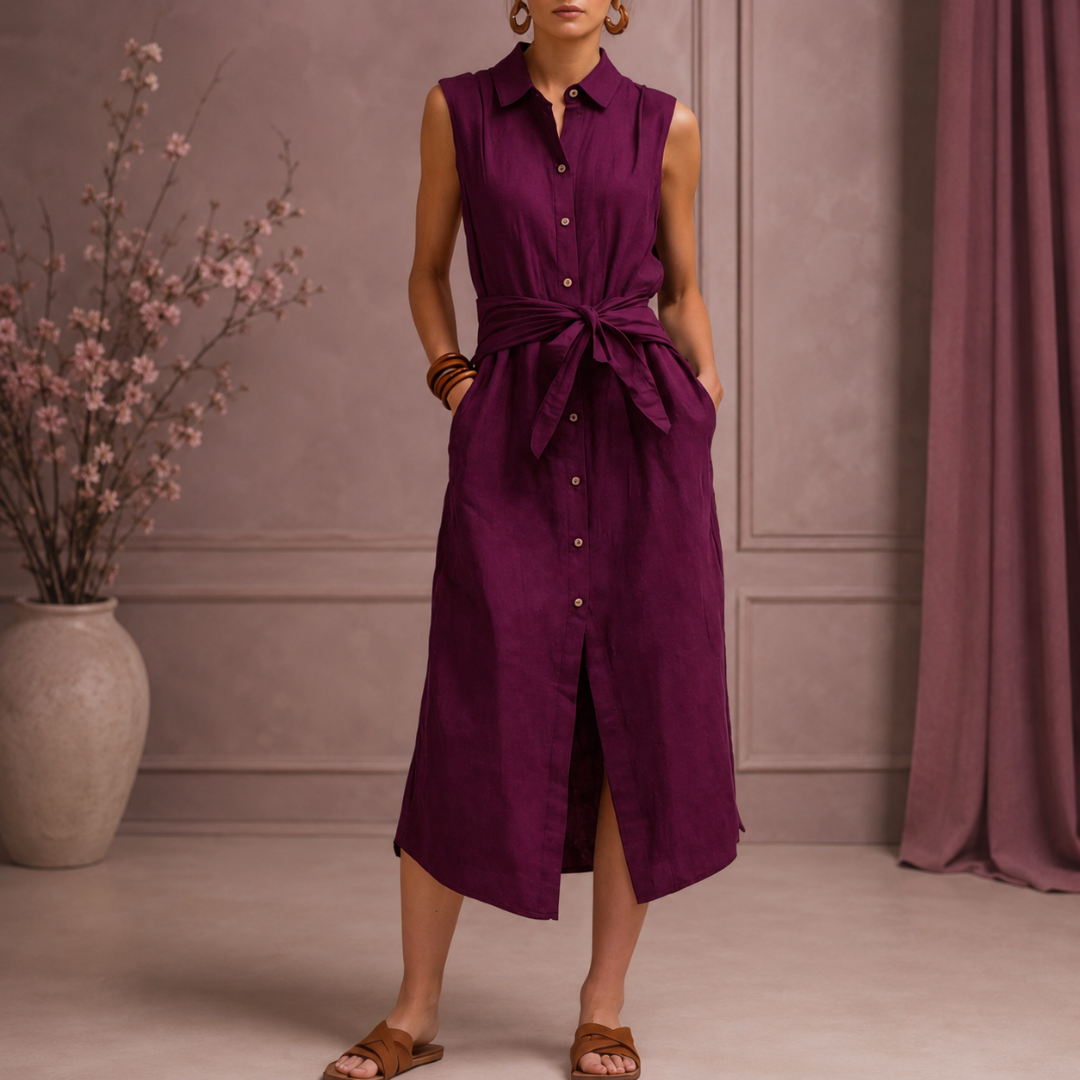 Robe chemise midi rose rouge boutonnée avec ceinture nouée à la taille