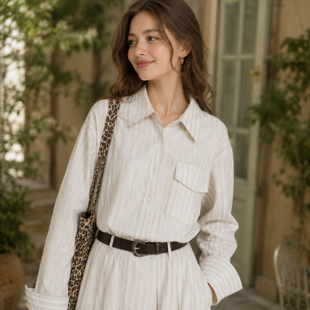 Gros plan de la robe chemise beige rayée avec col chemisier et poche à rabat