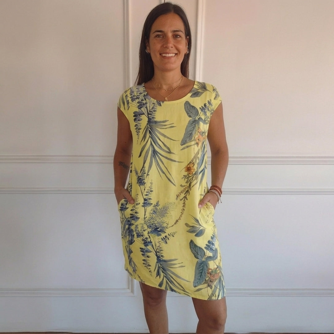 Robe femme courte imprimé floral jaune vue de face
