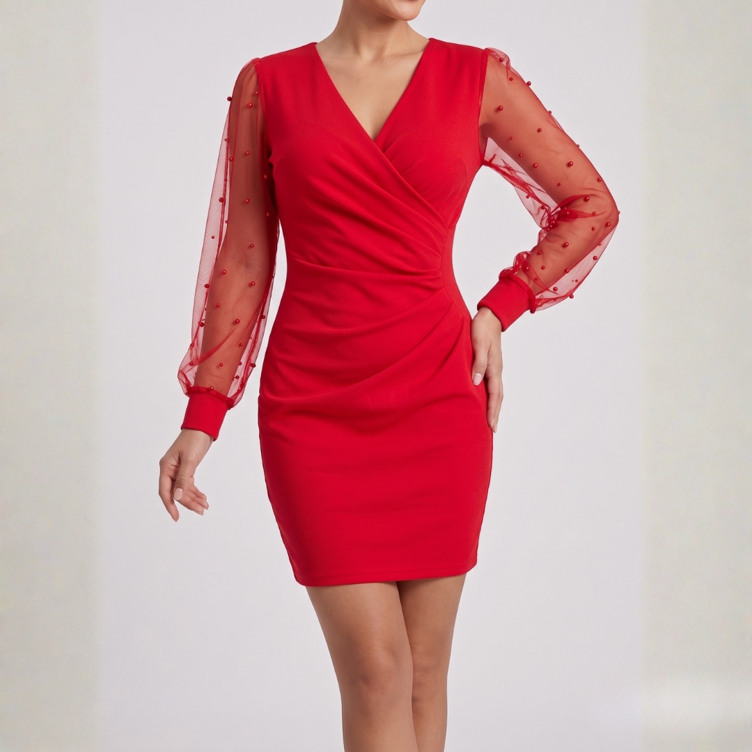 Robe courte noire col cache-cœur avec manches longues en résille à pois