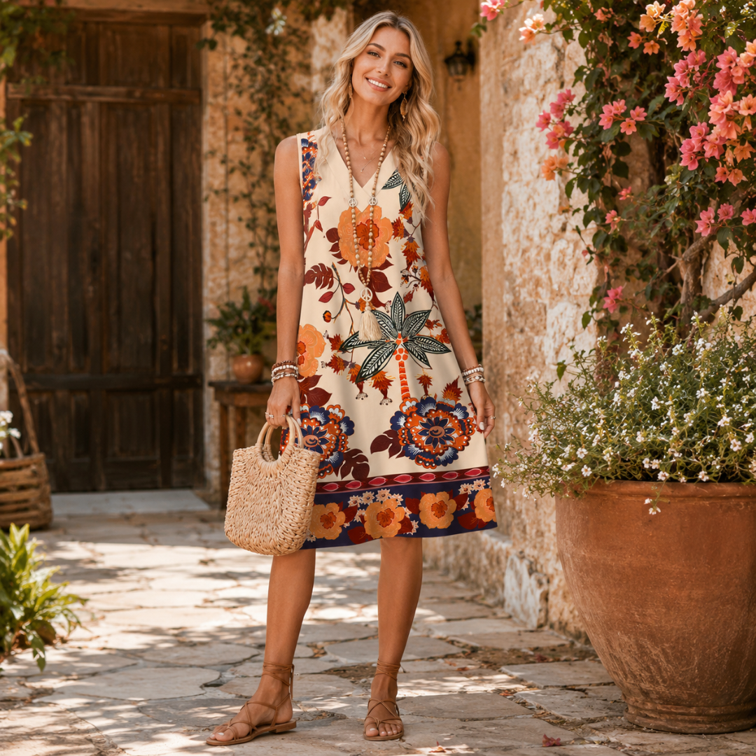 Robe abricot à grand imprimé floral bohème, col V sans manches et cabas en paille