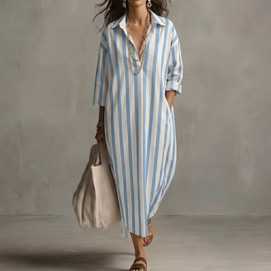 Robe longue rayée bleu clair et blanc col chemise oversize