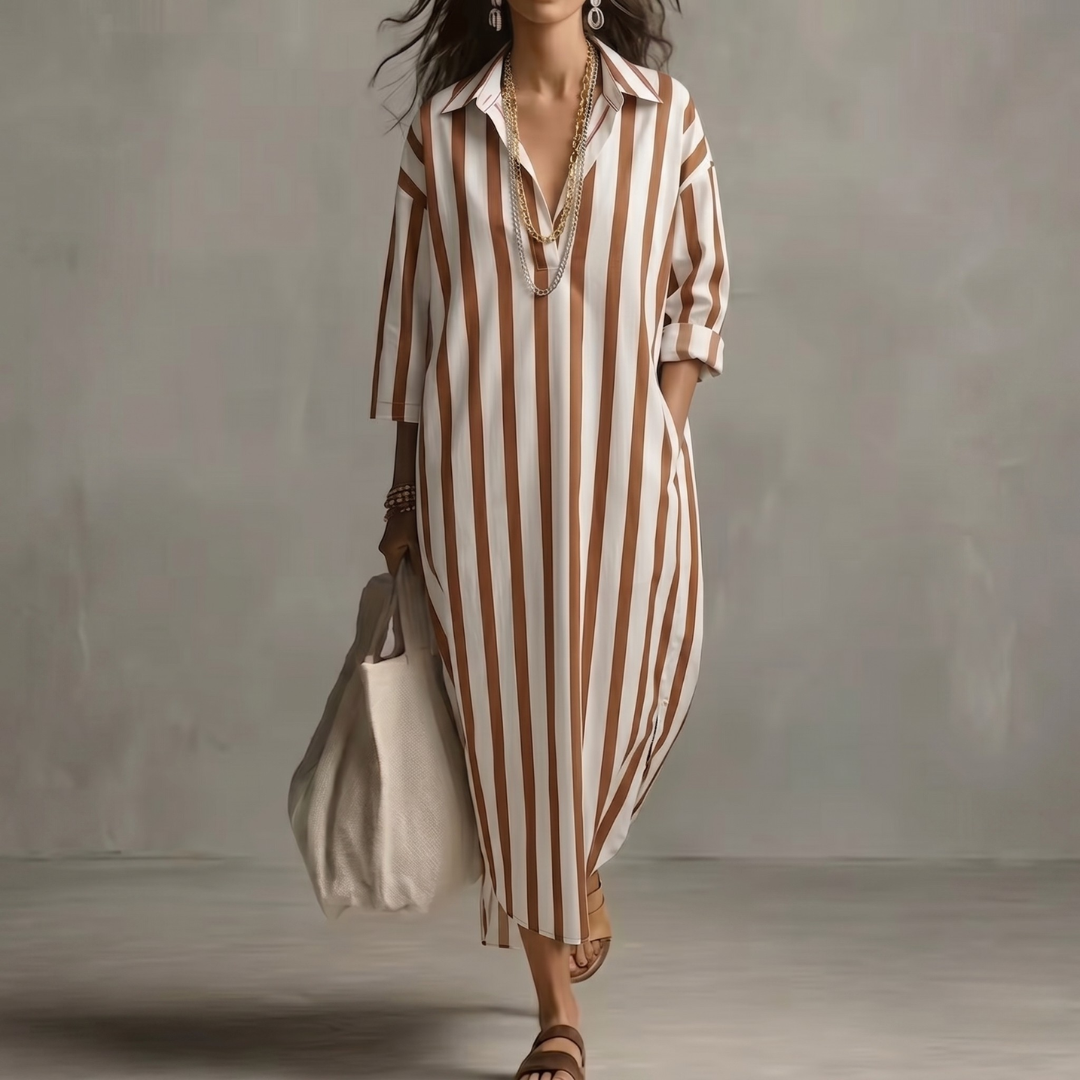 Robe longue rayures marron et blanc col chemise oversize