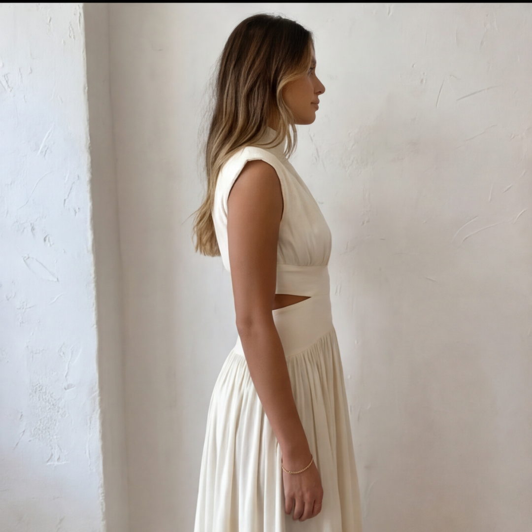 Robe maxi blanche sans manches, vue de côté mettant en valeur la jupe ample