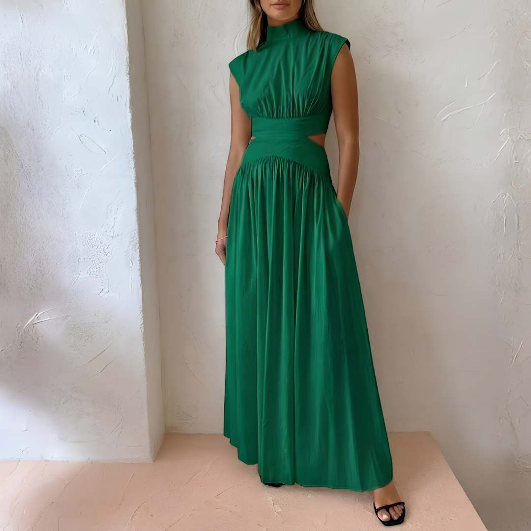 Robe longue verte col montant, découpe taille et coupe ample
