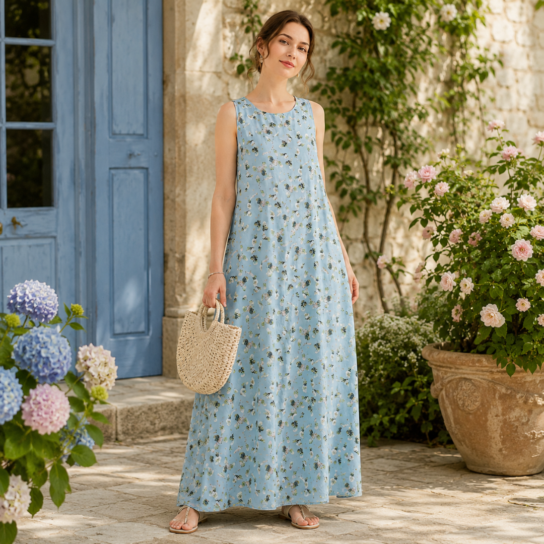 Robe longue bleue fleurie en extérieur, emmanchures dégagées et longueur cheville estivale