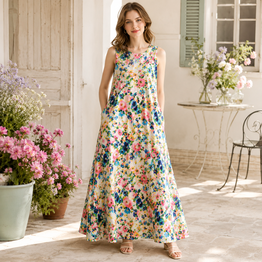 Robe longue imprimée de fleurs multicolores pastel, jupe ample et encolure arrondie