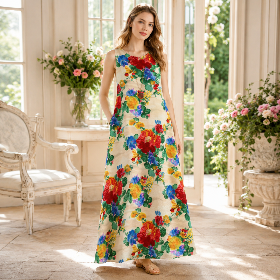 Robe longue à fleurs multicolores éclatantes sur fond clair, coupe évasée sans manches