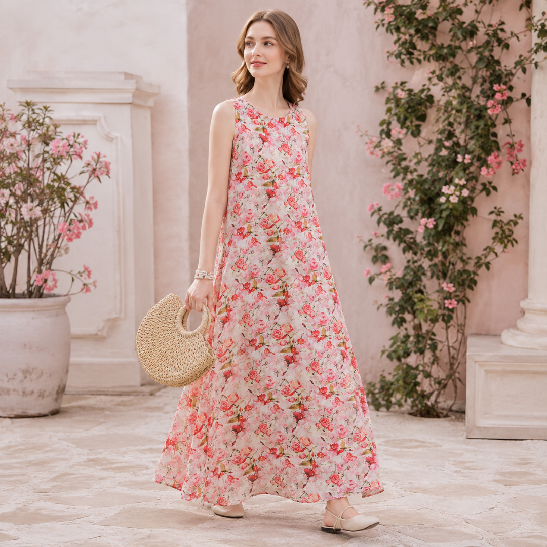 Robe longue rose clair à imprimé de roses, col rond et jupe largement évasée