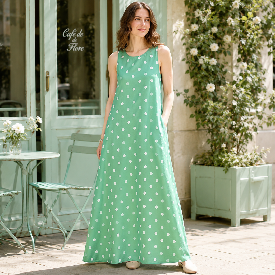 Robe longue verte à pois blancs, sans manches, poches discrètes et bas très ample