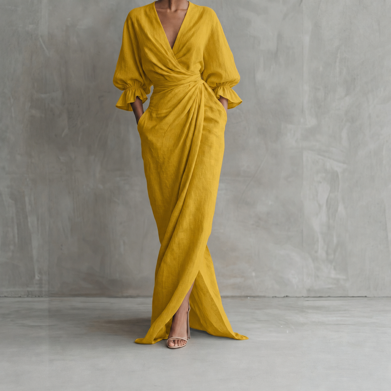 Robe longue cache-cœur drapée en tissu fluide jaune moutarde