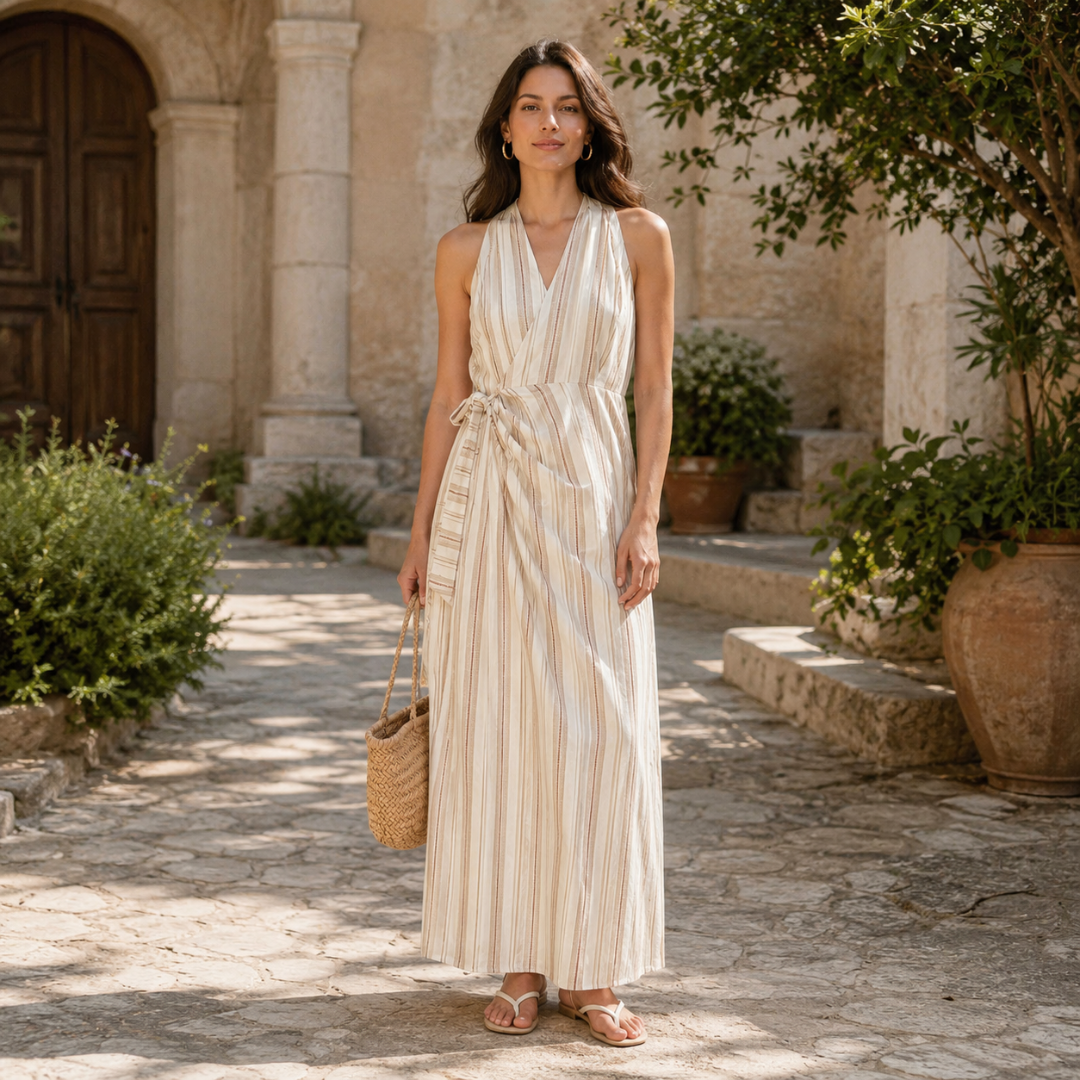 Robe longue beige rayée à col halter, taille nouée, portée dans une cour ensoleillée