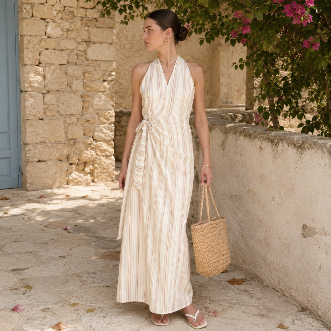 Robe longue beige à rayures verticales, col halter et lien noué, dans un décor méditerranéen