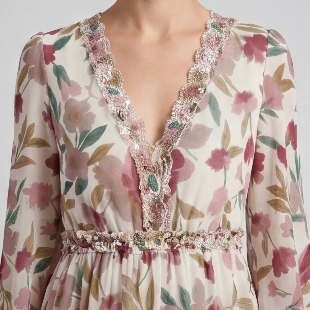 Robe bohème longue beige floral, détail col V et ceinture élastique