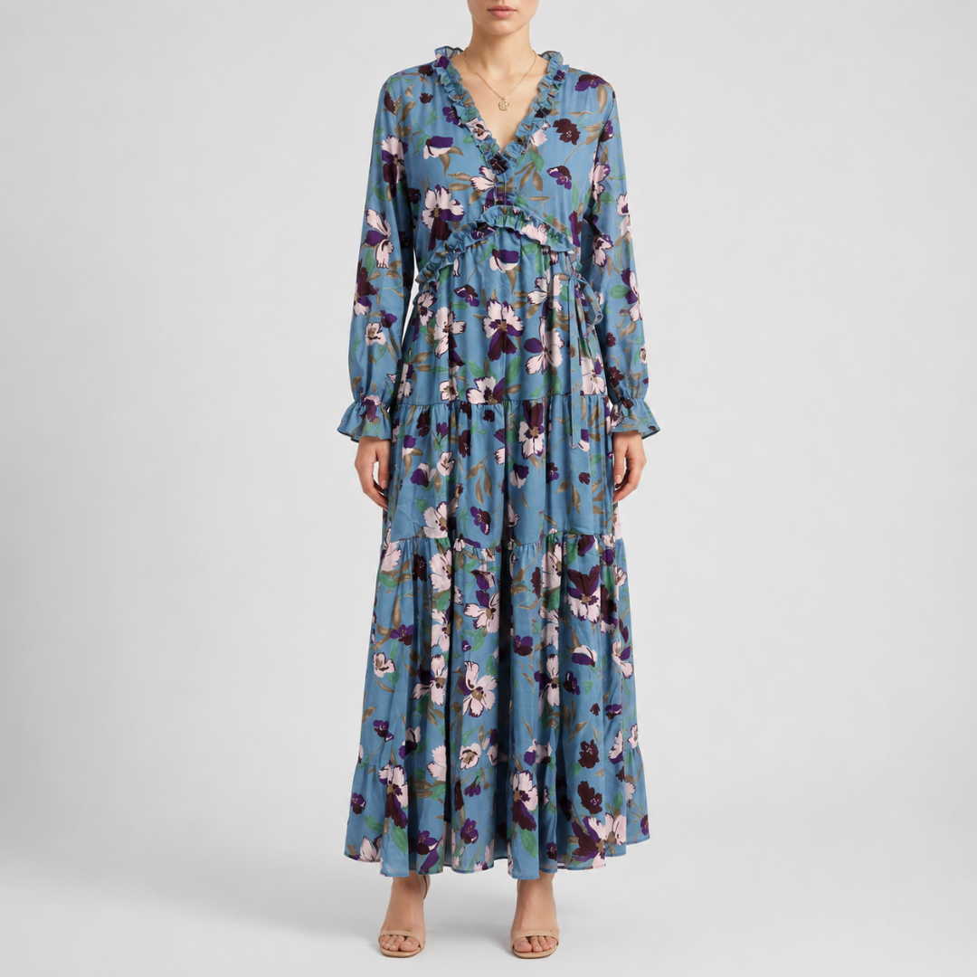 Robe longue femme imprimé floral bleu, col V et manches longues