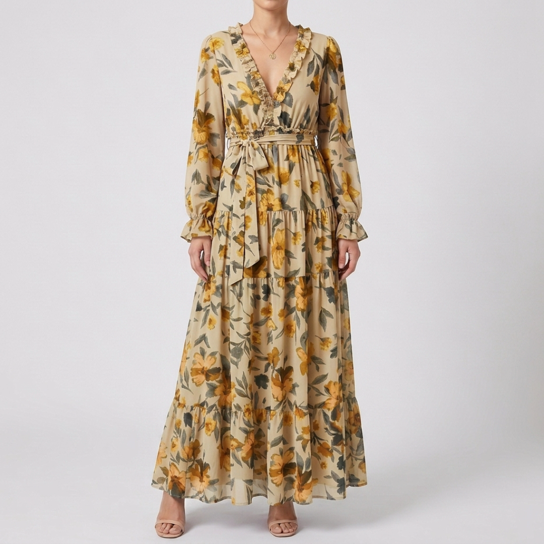 Robe bohème longue jaune à fleurs, col V et coupe fluide
