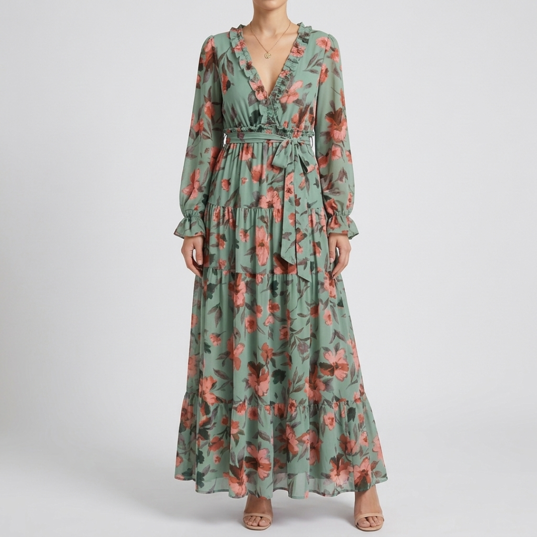 Robe femme longue imprimé floral vert sauge, col V élégant