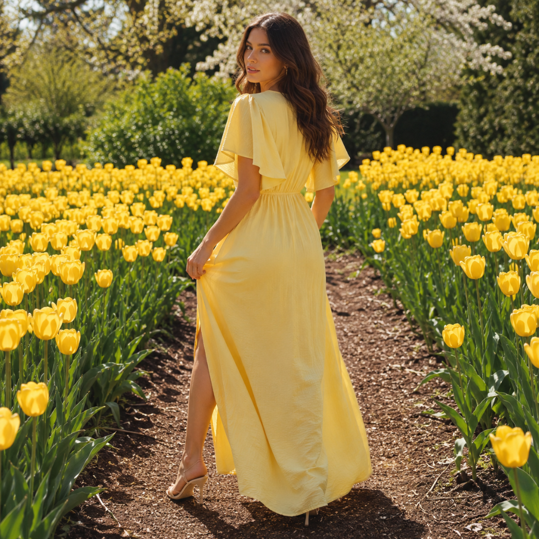 Robe longue jaune de dos en mouvement, jupe ample et tombé fluide au soleil