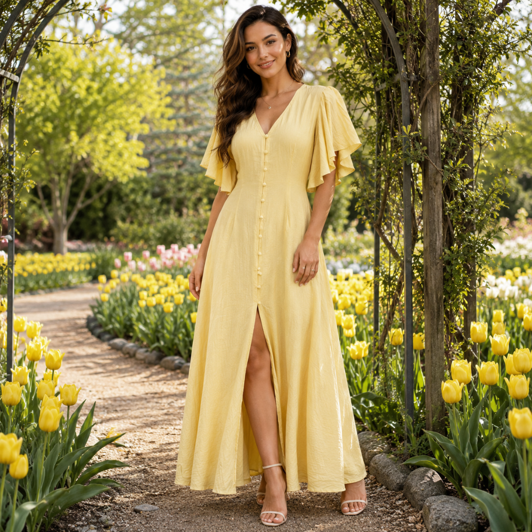 Robe longue jaune sous une arche fleurie, col V boutonné et manches papillon