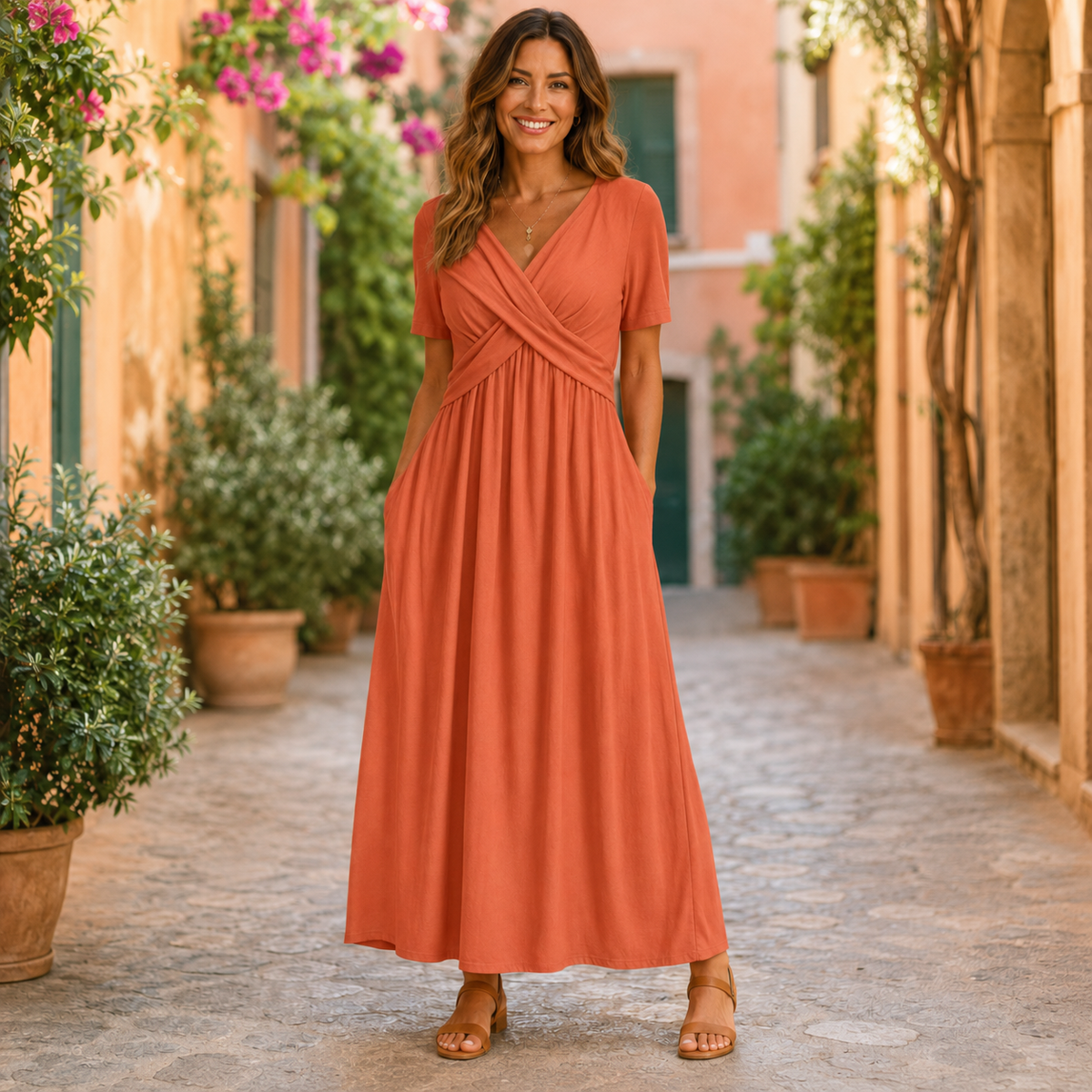 Robe longue corail à buste croisé et col V, portée en extérieur ensoleillé