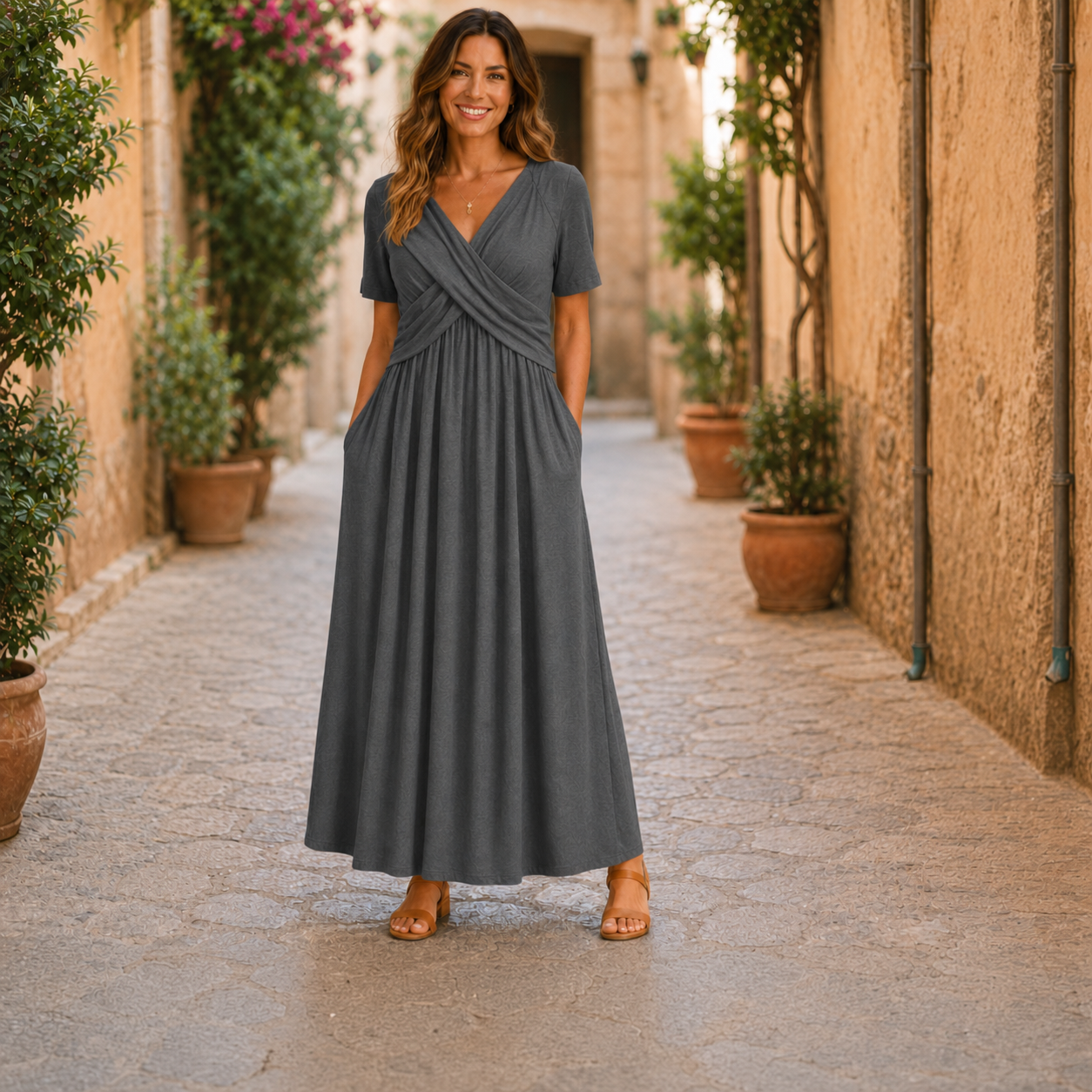 Robe longue gris foncé à taille croisée et poches, portée dans une ruelle