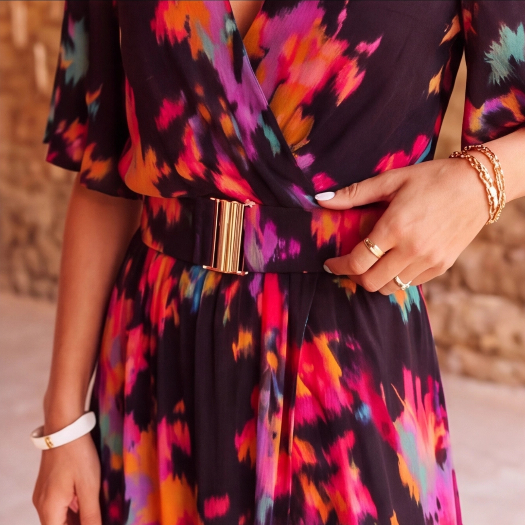 Robe longue multicolore détail ceinture et imprimé abstrait floral, vue rapprochée