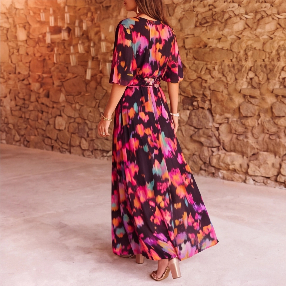 Robe longue multicolore imprimé floral bohème, vue complète de côté