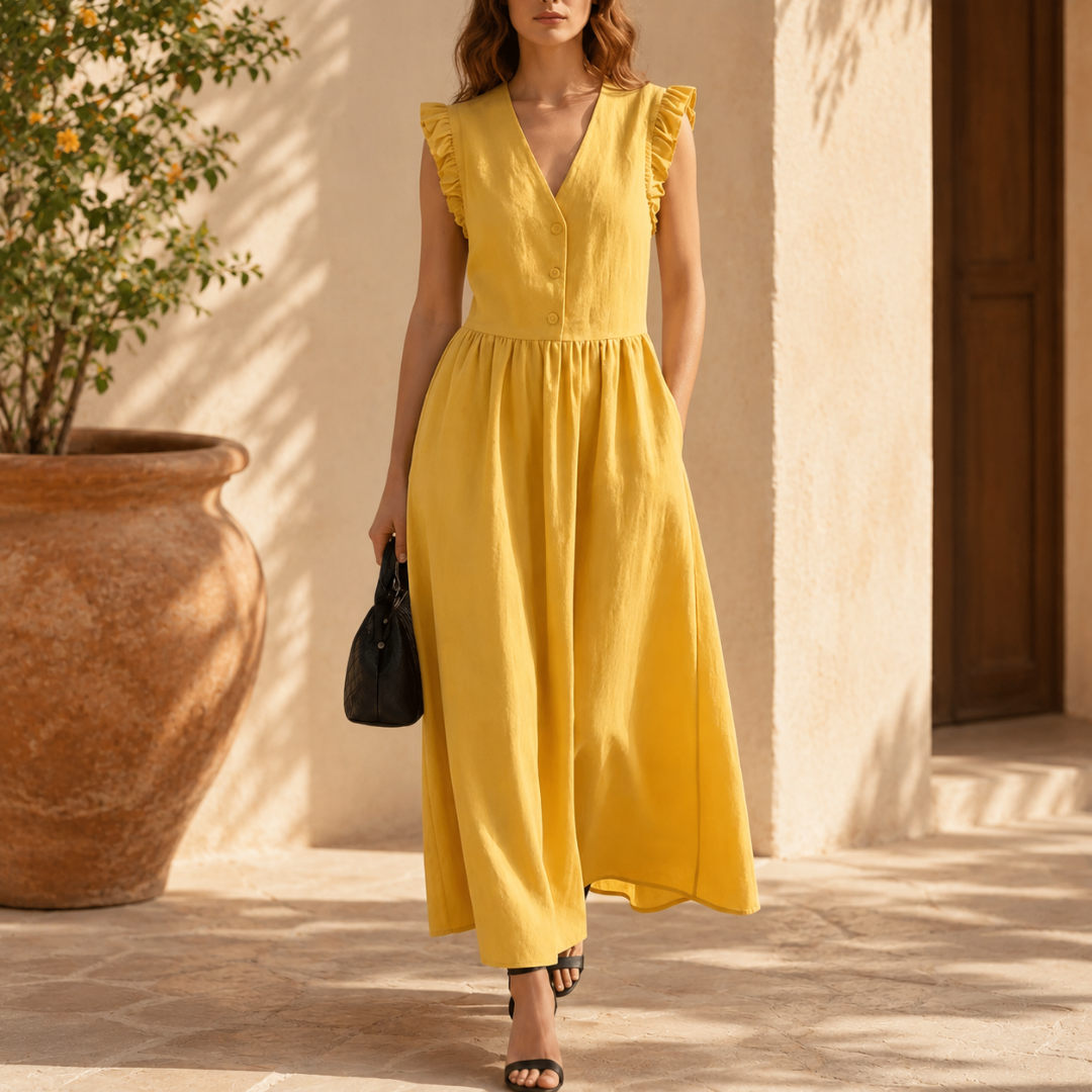 Robe longue jaune vif avec manches à volants, allure estivale et lumineuse