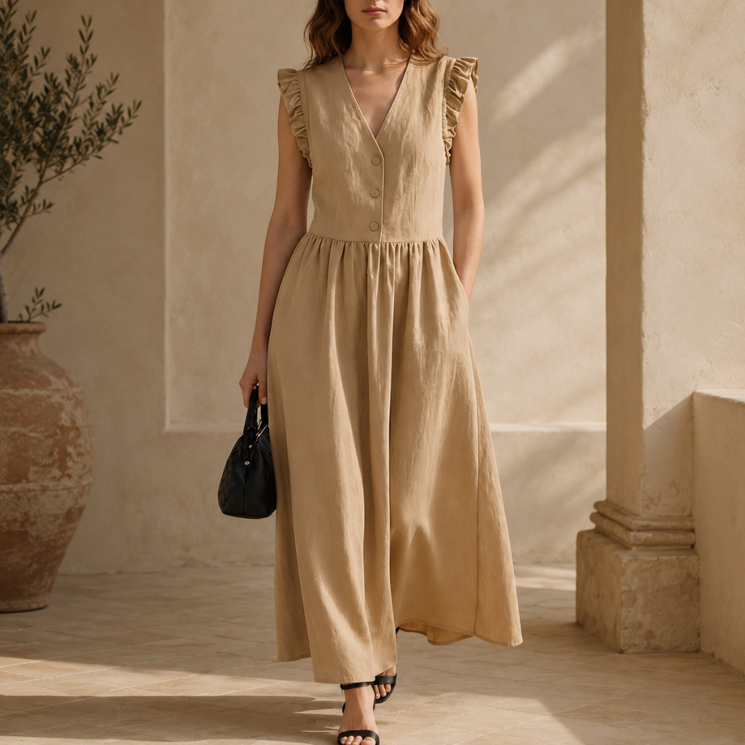 Robe longue kaki fluide, coupe ample et tombant naturel