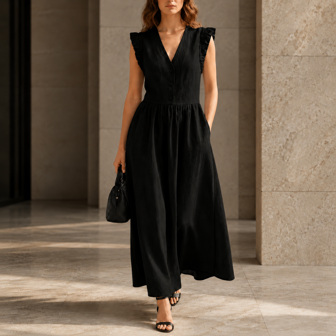 Robe longue noire intemporelle, col V profond et silhouette fluide