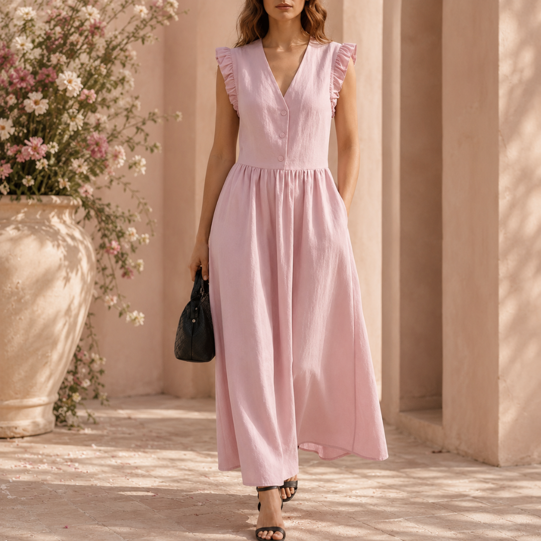 Robe longue rose pâle à taille cintrée, look doux et romantique