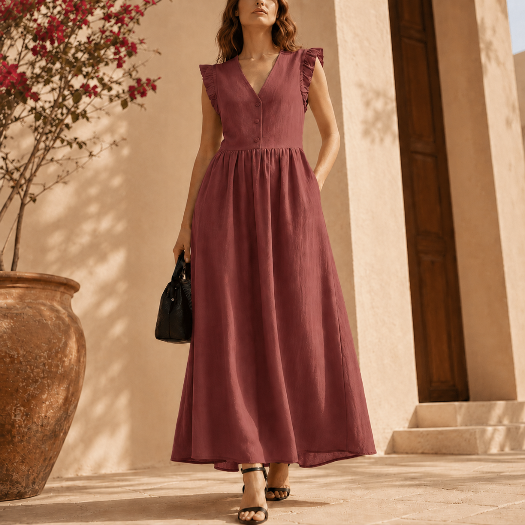 Femme élégante en robe longue rouge, sac noir à la main, devant un mur en pierre