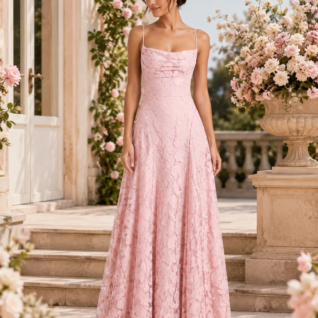 Robe femme longue dentelle rose