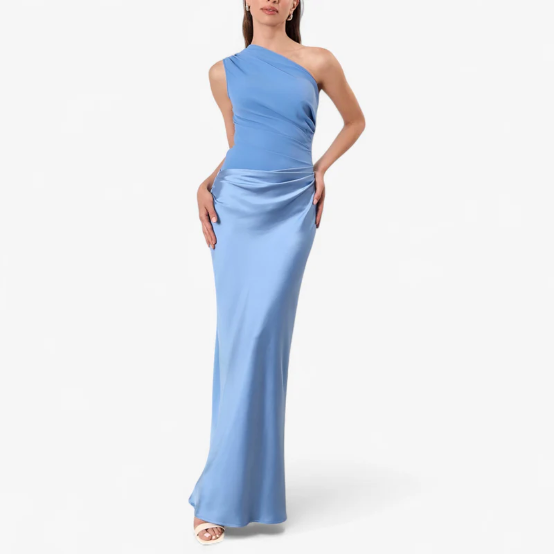 Robe longue épaule asymétrique bleu clair, vue de face