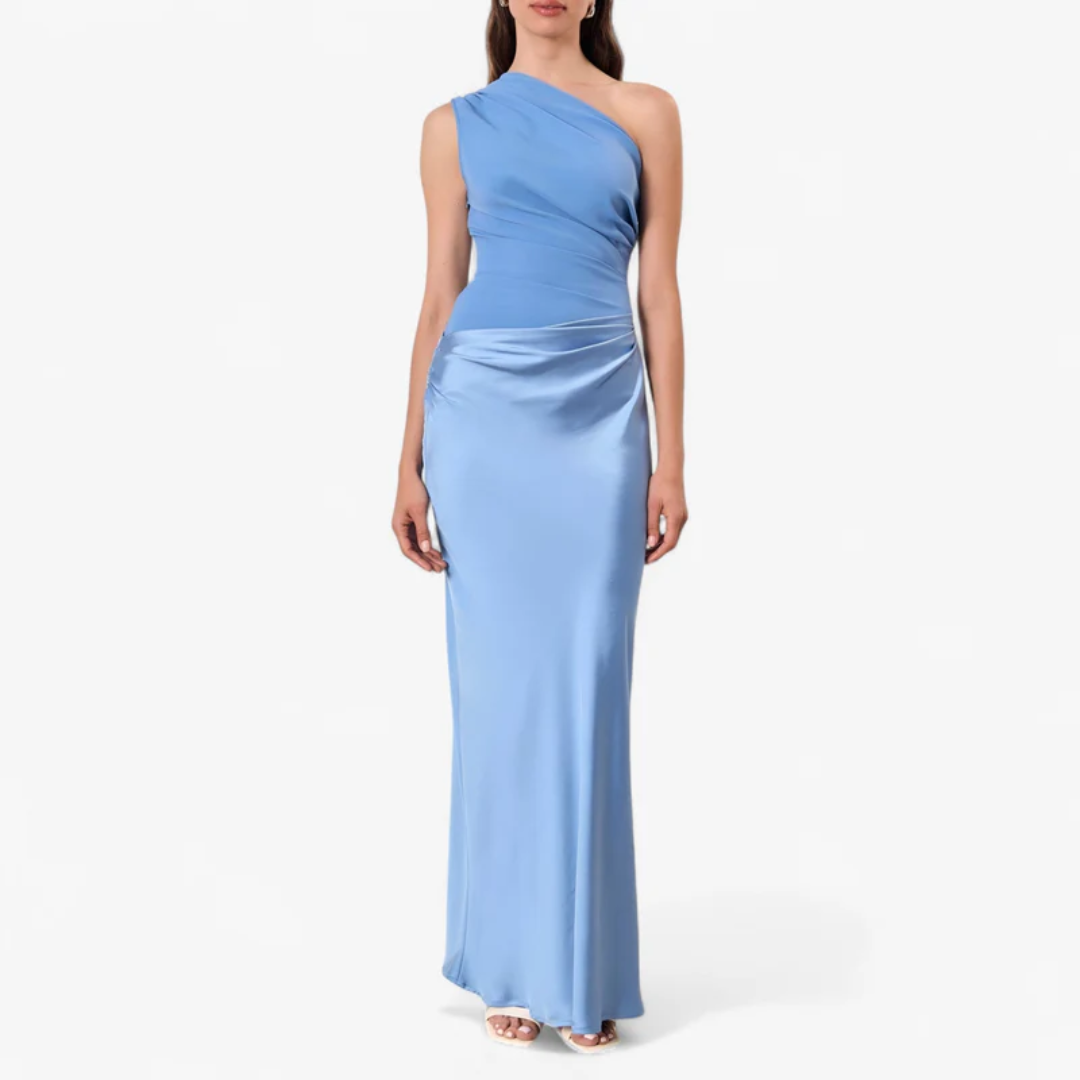 Robe Amelia bleu, silhouette fourreau ajustée vue de côté