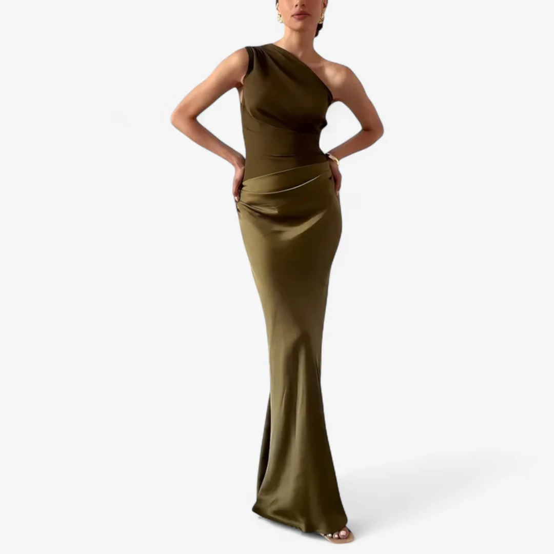 Robe longue épaule asymétrique vert foncé, vue de face