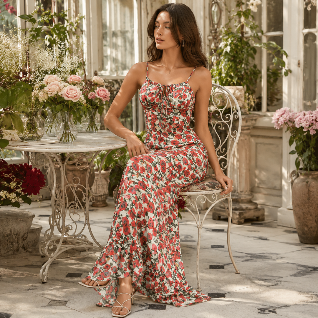 Robe longue blanche à roses rouges assise, jupe évasée déployée