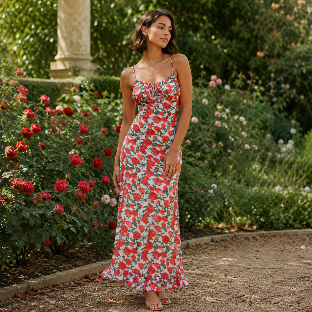 Robe longue blanche à roses rouges et laçage au décolleté dans un jardin