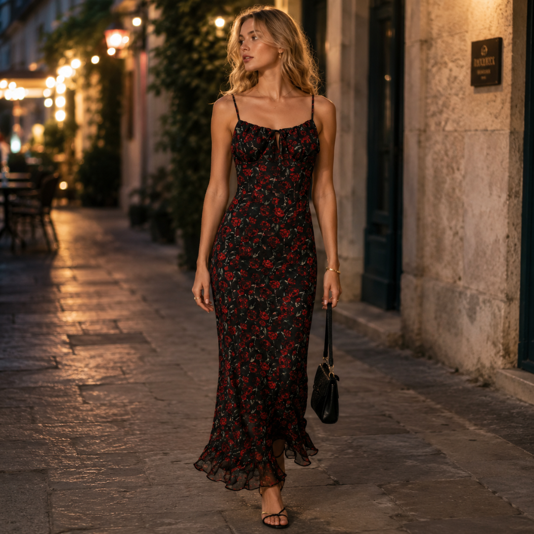 Robe longue noire fleurie portée en soirée avec sandales à talons