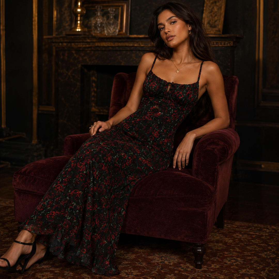 Robe longue noire à roses rouges assise, jupe fluide déployée