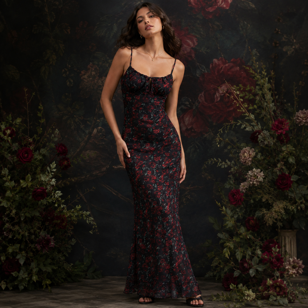 Robe longue noire fleurie ajustée avec laçage au décolleté